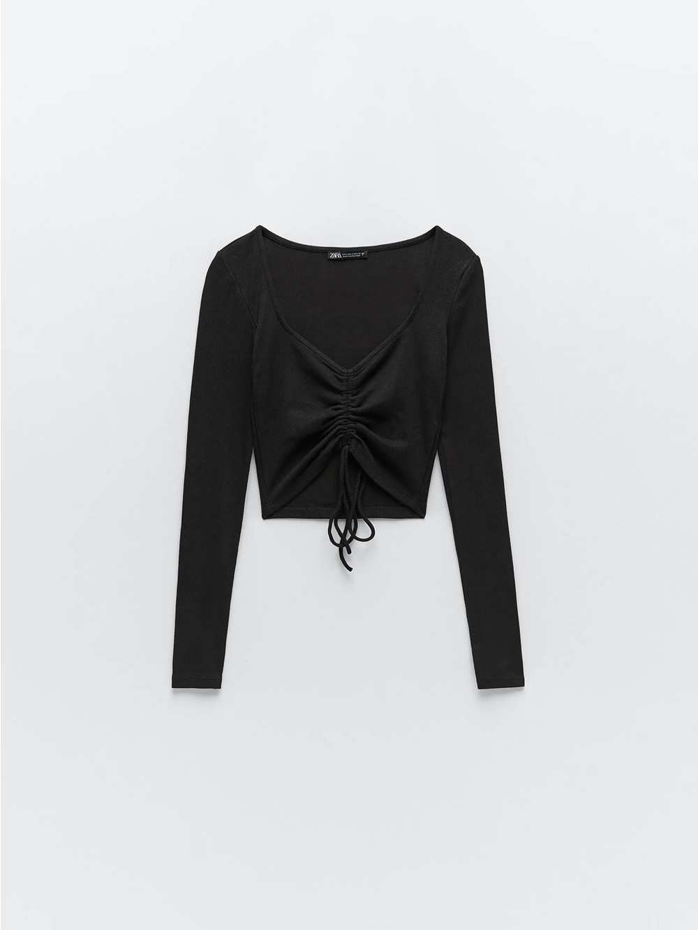Black Long-Sleeve Ruched Drawstring Crop Top